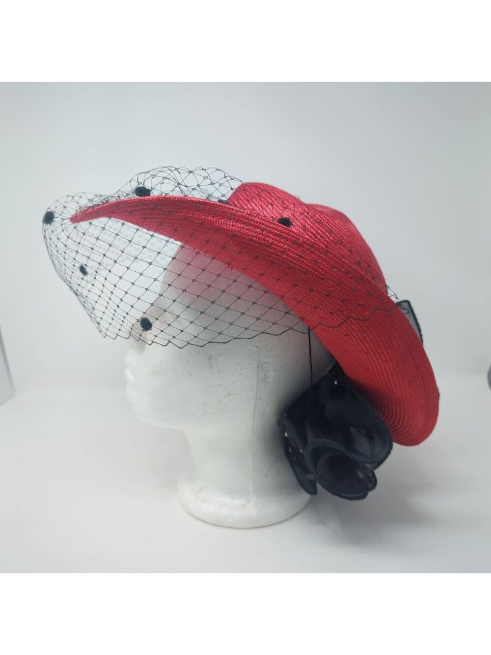 Vintage 80s Red Straw Hat Net Ponytail Hole Sonni